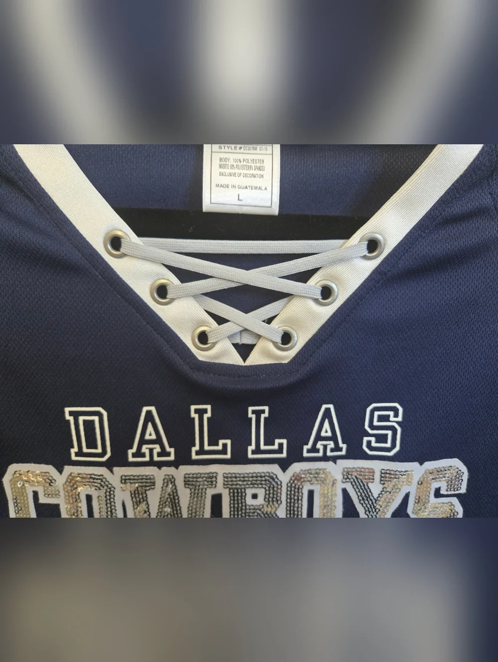 Dallas Cowboys - Women's Navy Lace-Up V-Neck Sequined‎ Bling Football Tee Sz Lg
